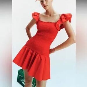 Zara Red Smocked Bodice Drop Waist Tiered Ruffle Form Fitted Mini Dress NEW